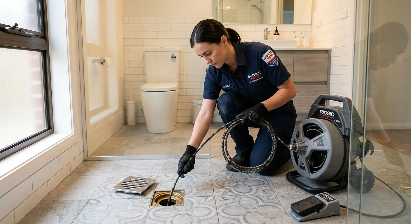Technician clearing a bathroom floor drain for Drain Repair in Upper Allen